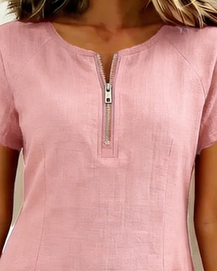 Women's Shift Dress Short Sleeve Zip Neck with Pockets