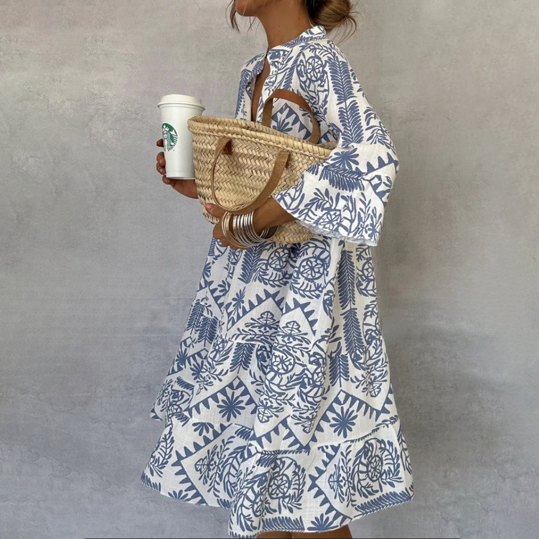Women's Boho Print V-Neck 3/4 Sleeve Swing Dress – Zalumo