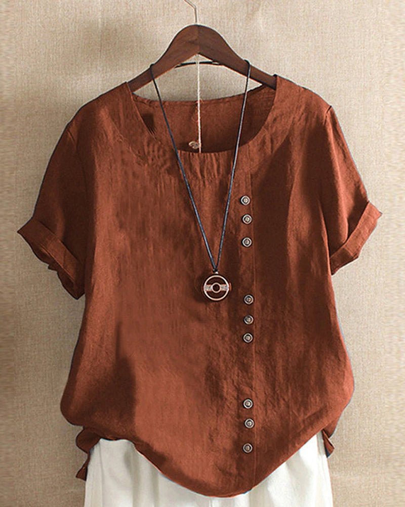 Women's Button Front Crew Neck Short Sleeve Casual Top – Zalumo