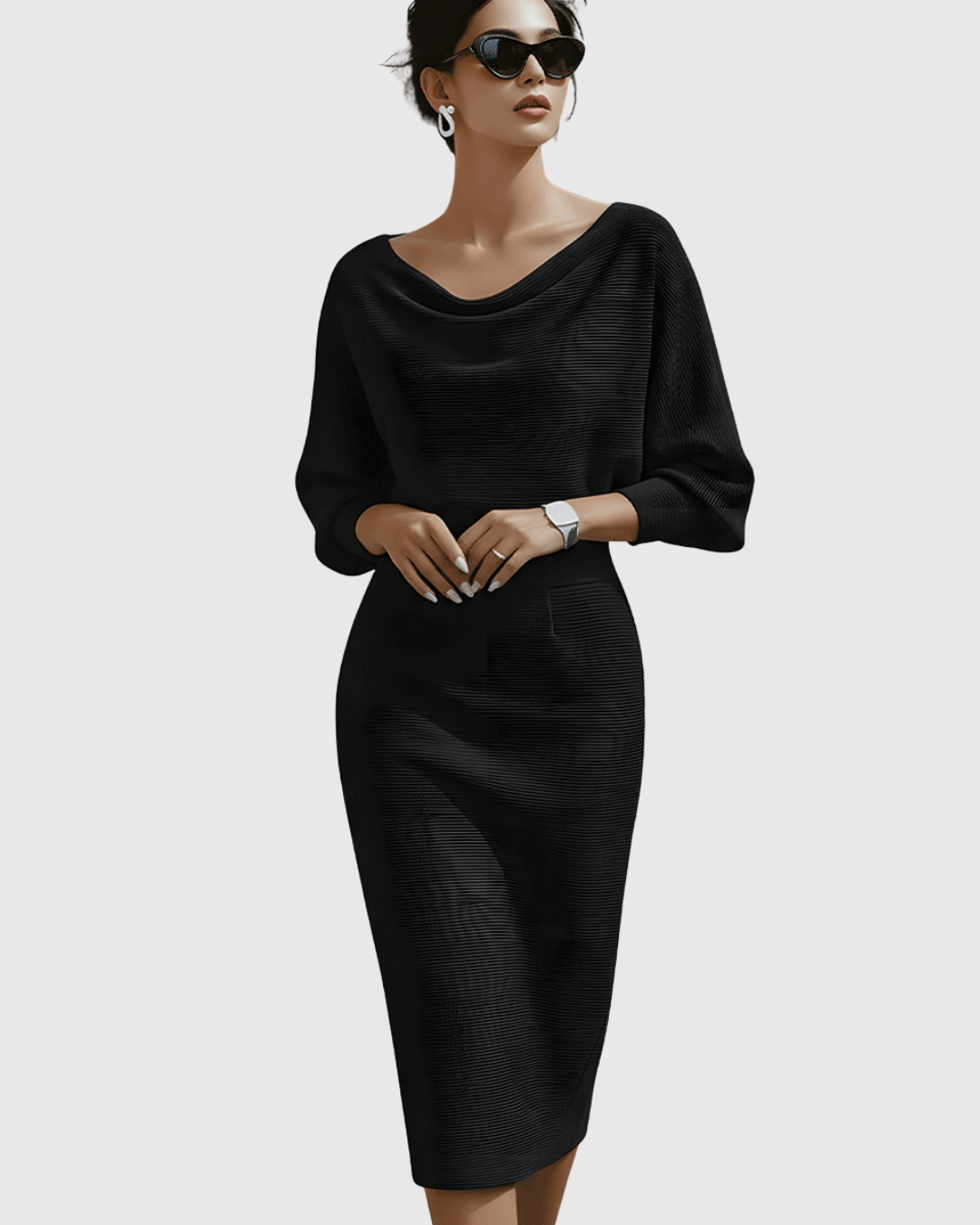 Women's Cowl Neck Batwing Sleeve Ribbed Midi Dress – Zalumo