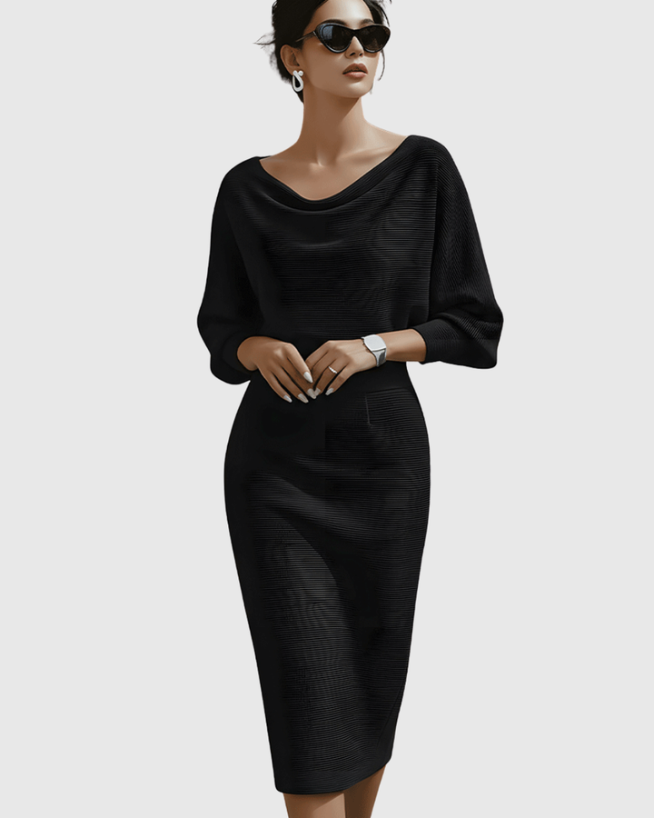 Women's Cowl Neck Batwing Sleeve Ribbed Midi Dress – Zalumo