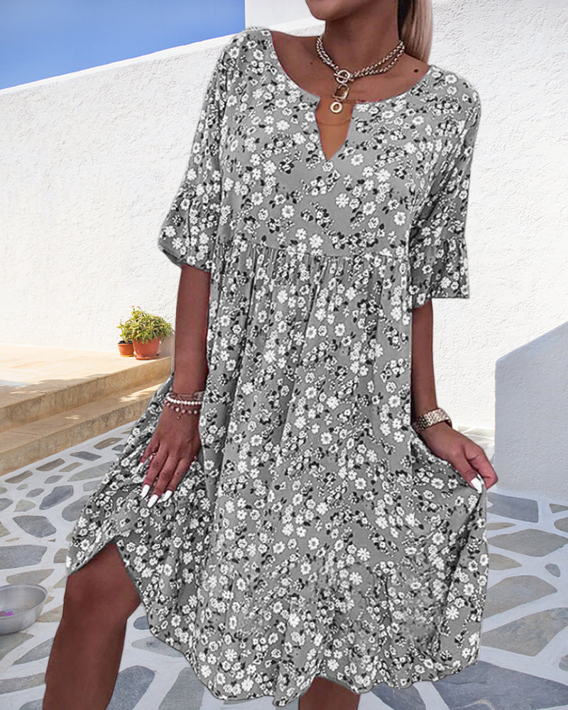 Women's Floral Print V-Neck Short Sleeve Midi Dress – Zalumo