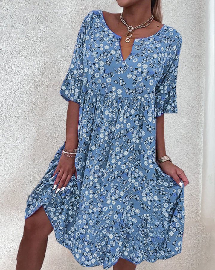 Women's Floral Print V-Neck Short Sleeve Midi Dress – Zalumo