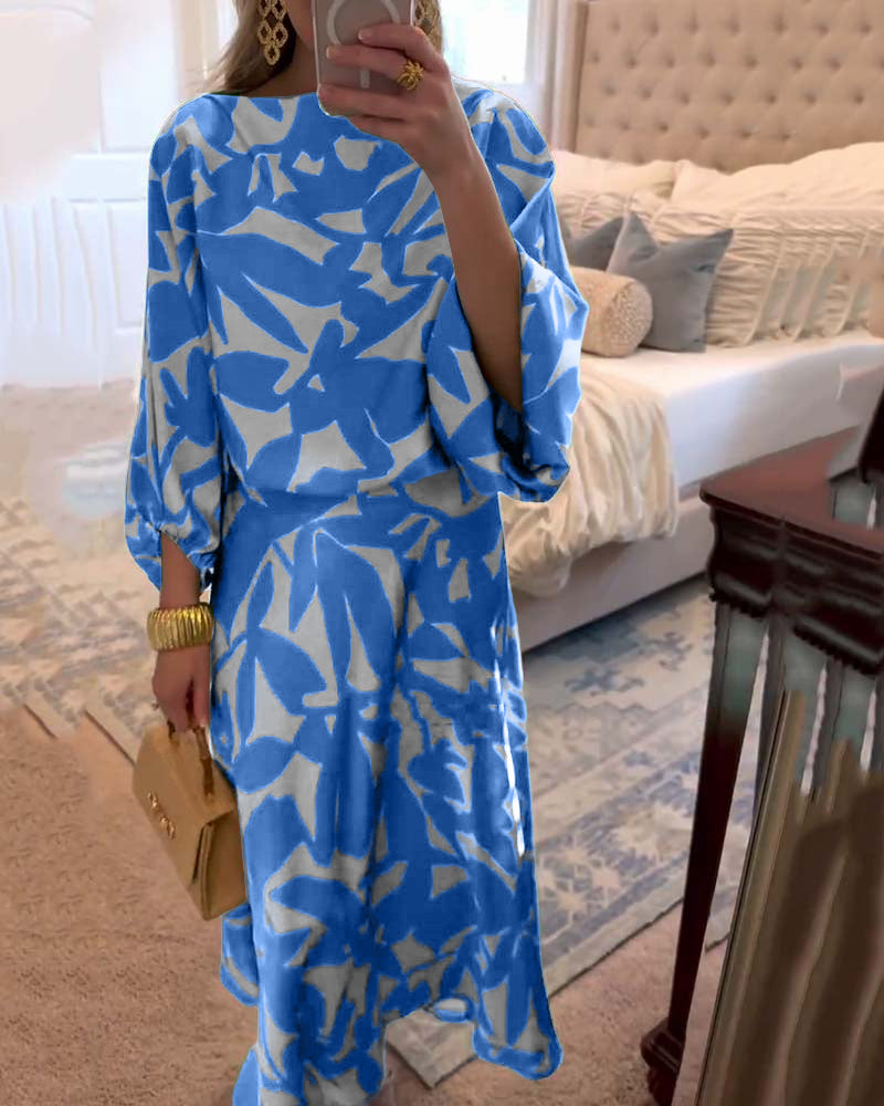 Two-Piece Printed Set with Lantern Sleeves – Zalumo