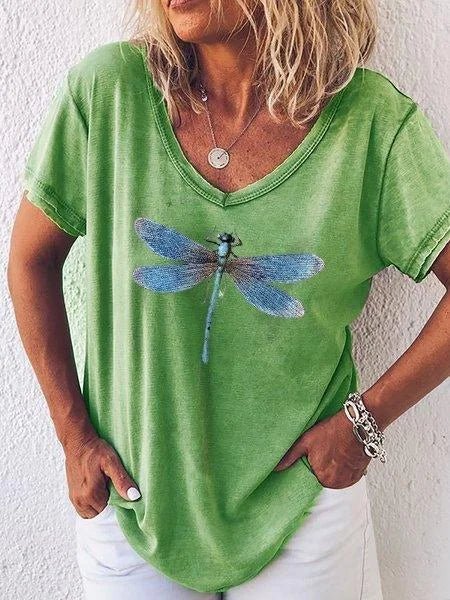 Women's Dragonfly Print V-Neck Short Sleeve Casual Tee – Zalumo