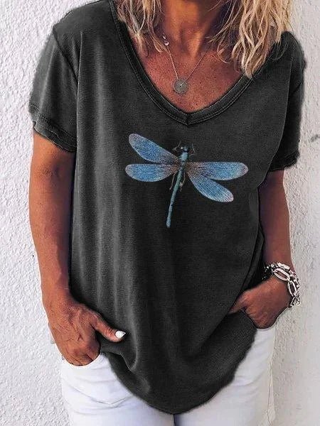 Women's Dragonfly Print V-Neck Short Sleeve Casual Tee – Zalumo