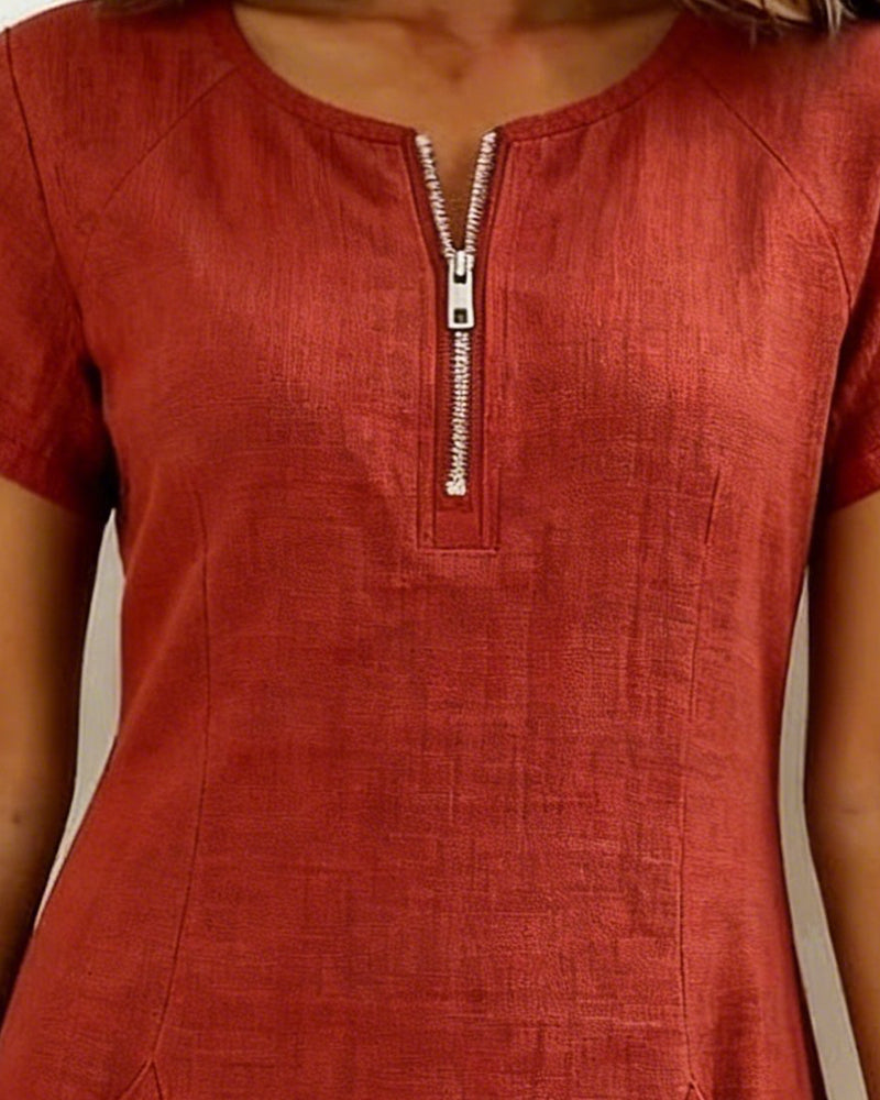 Women's Shift Dress Short Sleeve Zip Neck with Pockets – Zalumo