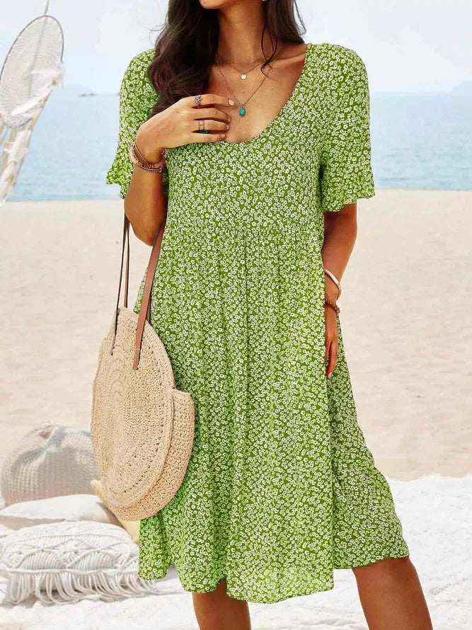 Women's Ditsy Floral V-Neck Short Sleeve Smock Dress – Zalumo