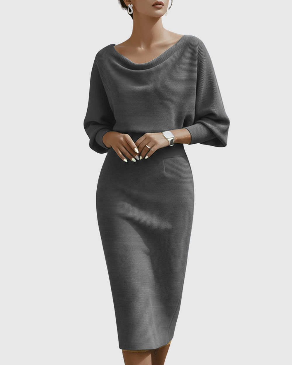 Women's Cowl Neck Batwing Sleeve Ribbed Midi Dress – Zalumo