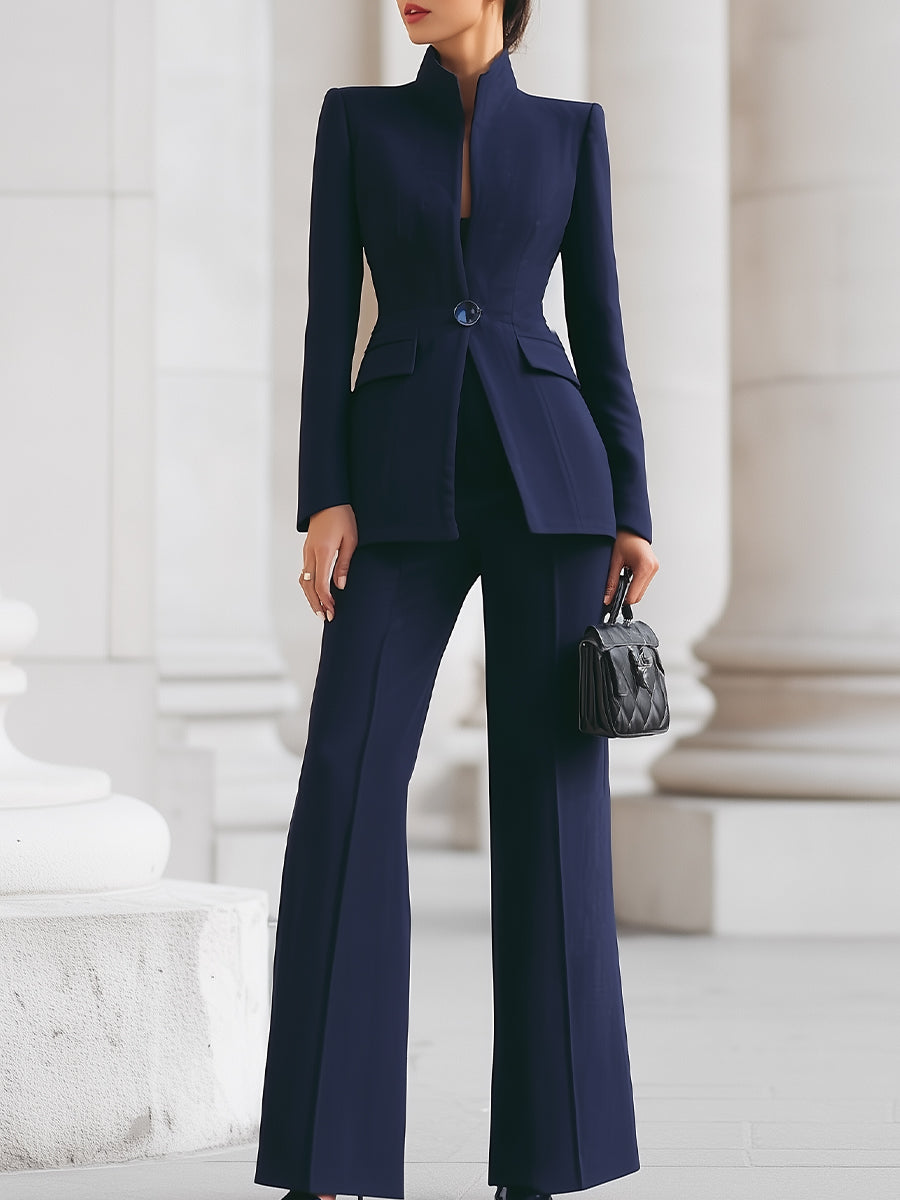Women's Stand Collar Blazer & Wide Leg Pants Suit Set – Zalumo