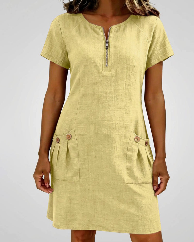 Women's Shift Dress Short Sleeve Zip Neck with Pockets – Zalumo