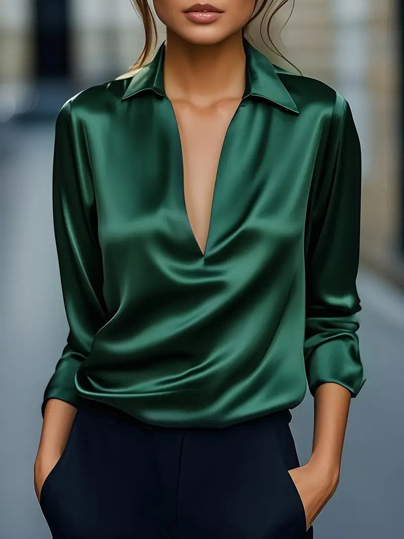 Premium V-Neck Satin Blouse – Zalumo