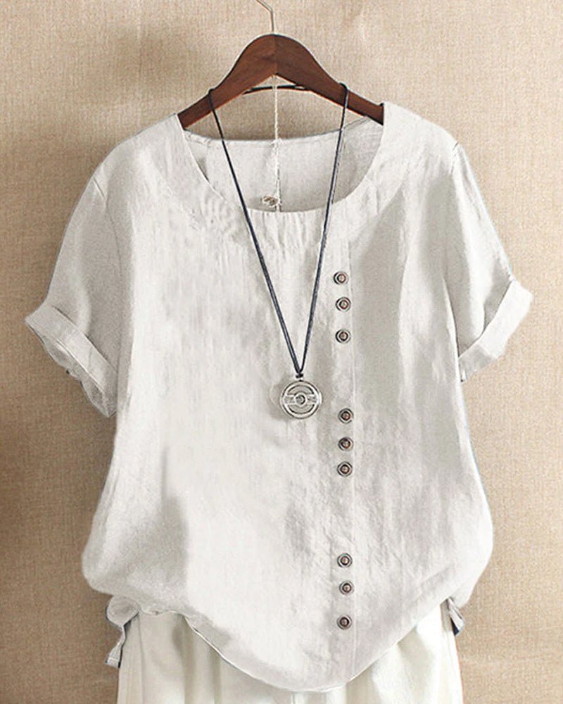 Women's Button Front Crew Neck Short Sleeve Casual Top – Zalumo