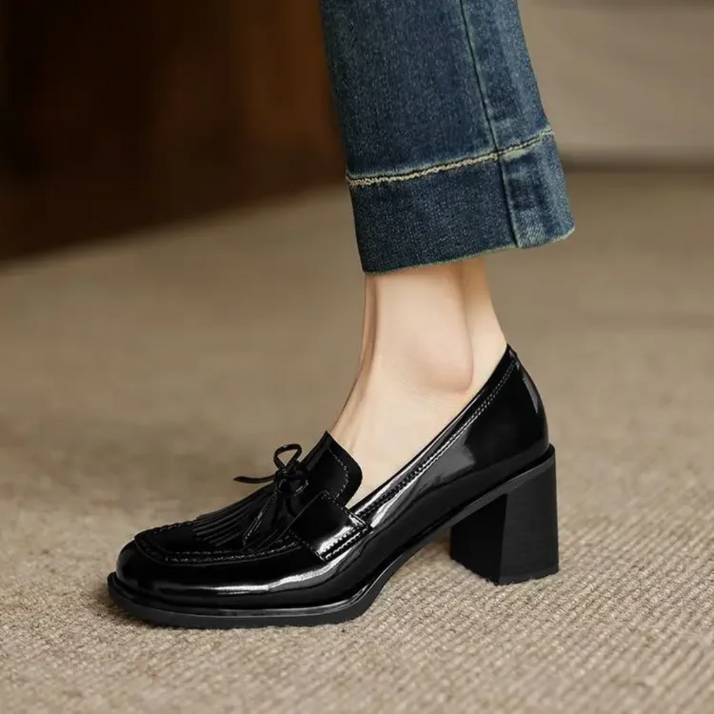 Women's Tassel Loafer Pumps Block Heel Round Toe Heels – Zalumo