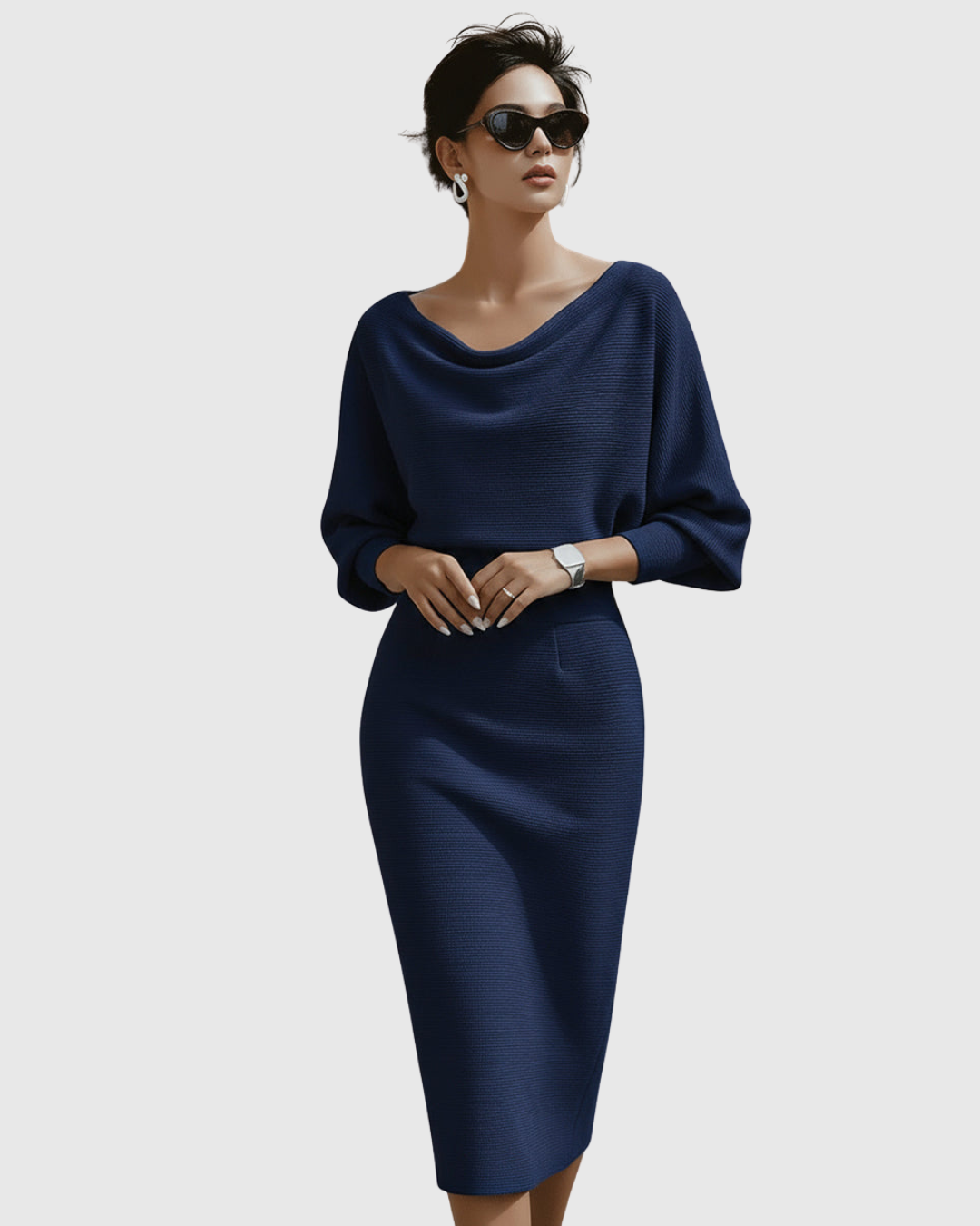 Women's Cowl Neck Batwing Sleeve Ribbed Midi Dress – Zalumo