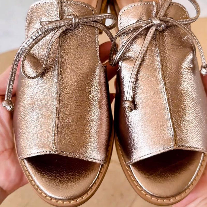 Women's Metallic Open Toe Sandals Bow Tie Strap Flat – Zalumo