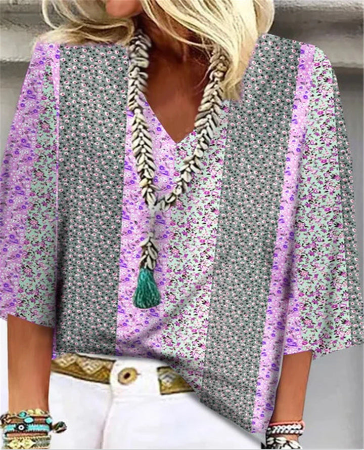 Women's Ditsy Floral Patchwork V-Neck 3/4 Sleeve Top – Zalumo