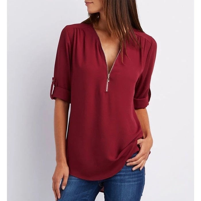 Women's Zip-Up V-Neck Half Sleeve Casual Blouse Top – Zalumo