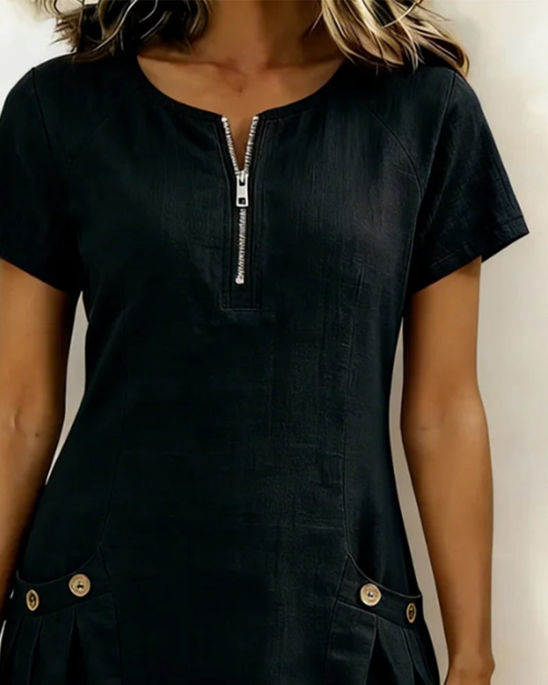 Women's Shift Dress Short Sleeve Zip Neck with Pockets – Zalumo