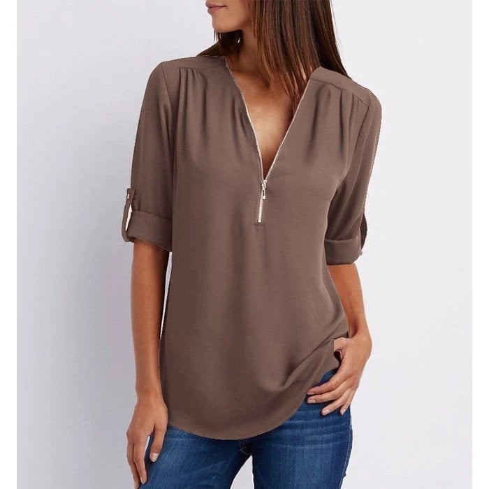 Women's Zip-Up V-Neck Half Sleeve Casual Blouse Top – Zalumo