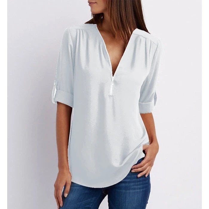 Women's Zip-Up V-Neck Half Sleeve Casual Blouse Top – Zalumo