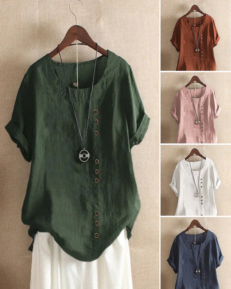 Women's Button Front Crew Neck Short Sleeve Casual Top – Zalumo