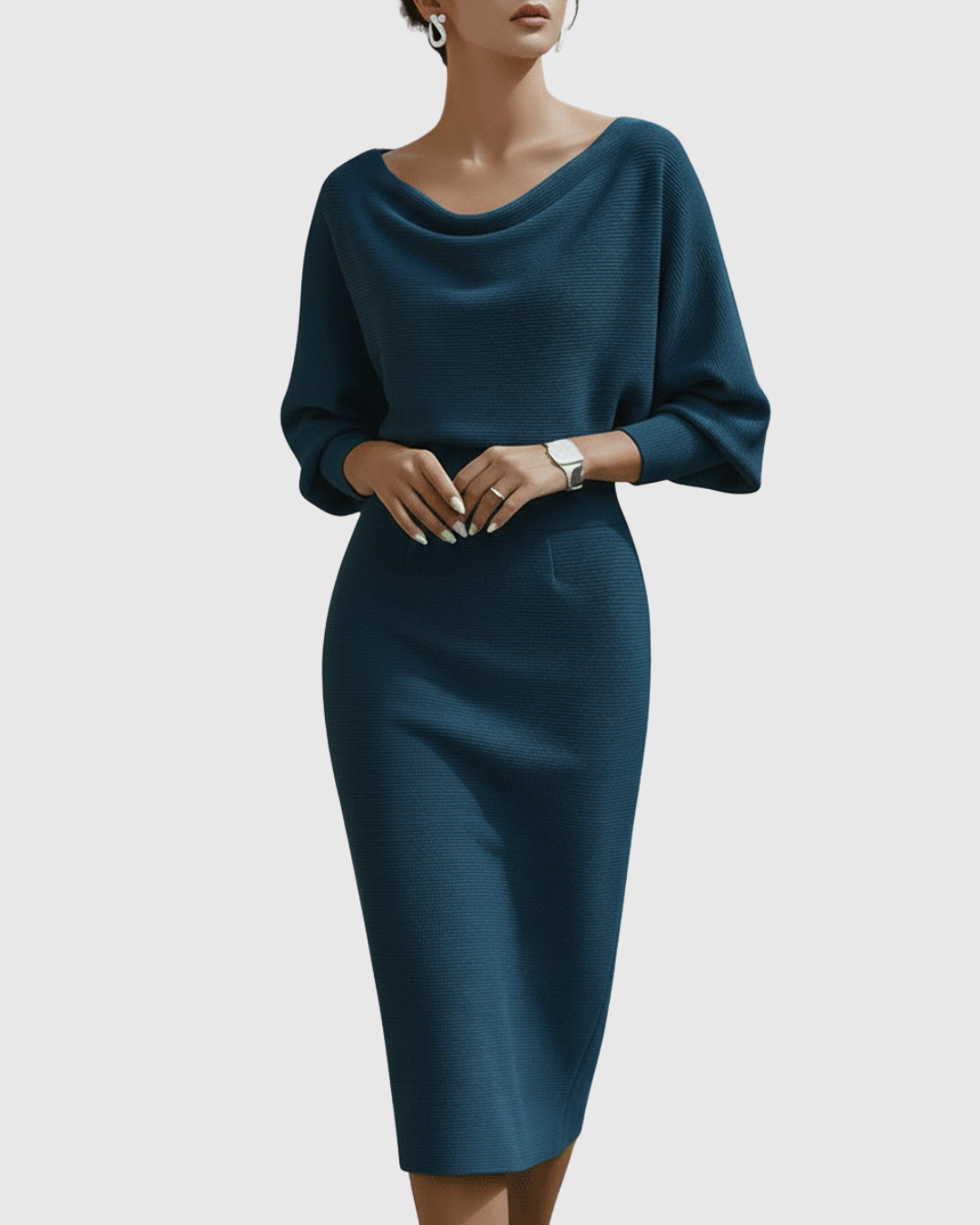 Women's Cowl Neck Batwing Sleeve Ribbed Midi Dress – Zalumo