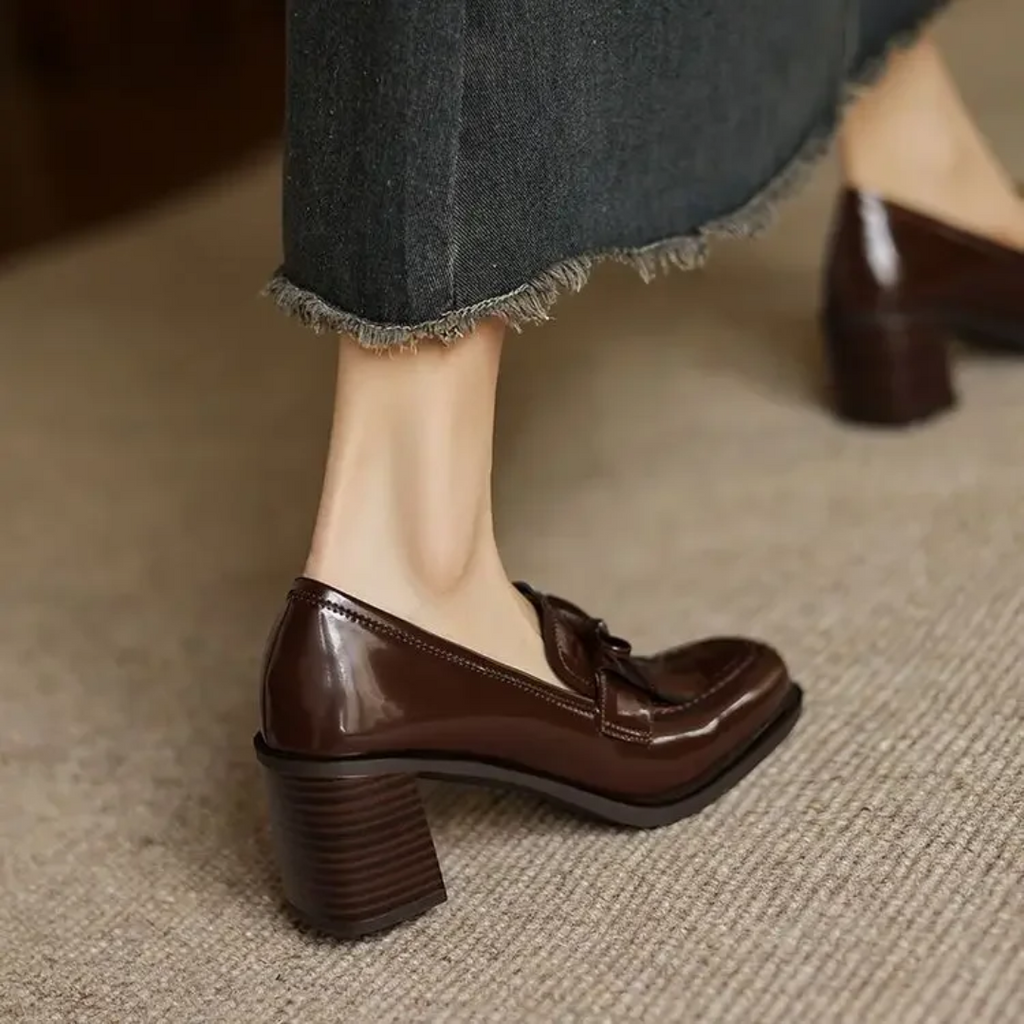 Women's Tassel Loafer Pumps Block Heel Round Toe Heels – Zalumo