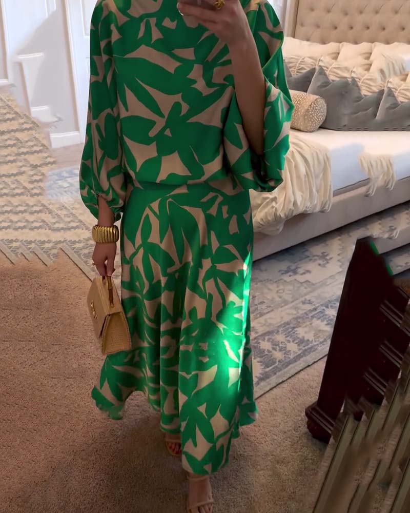Two-Piece Printed Set with Lantern Sleeves – Zalumo