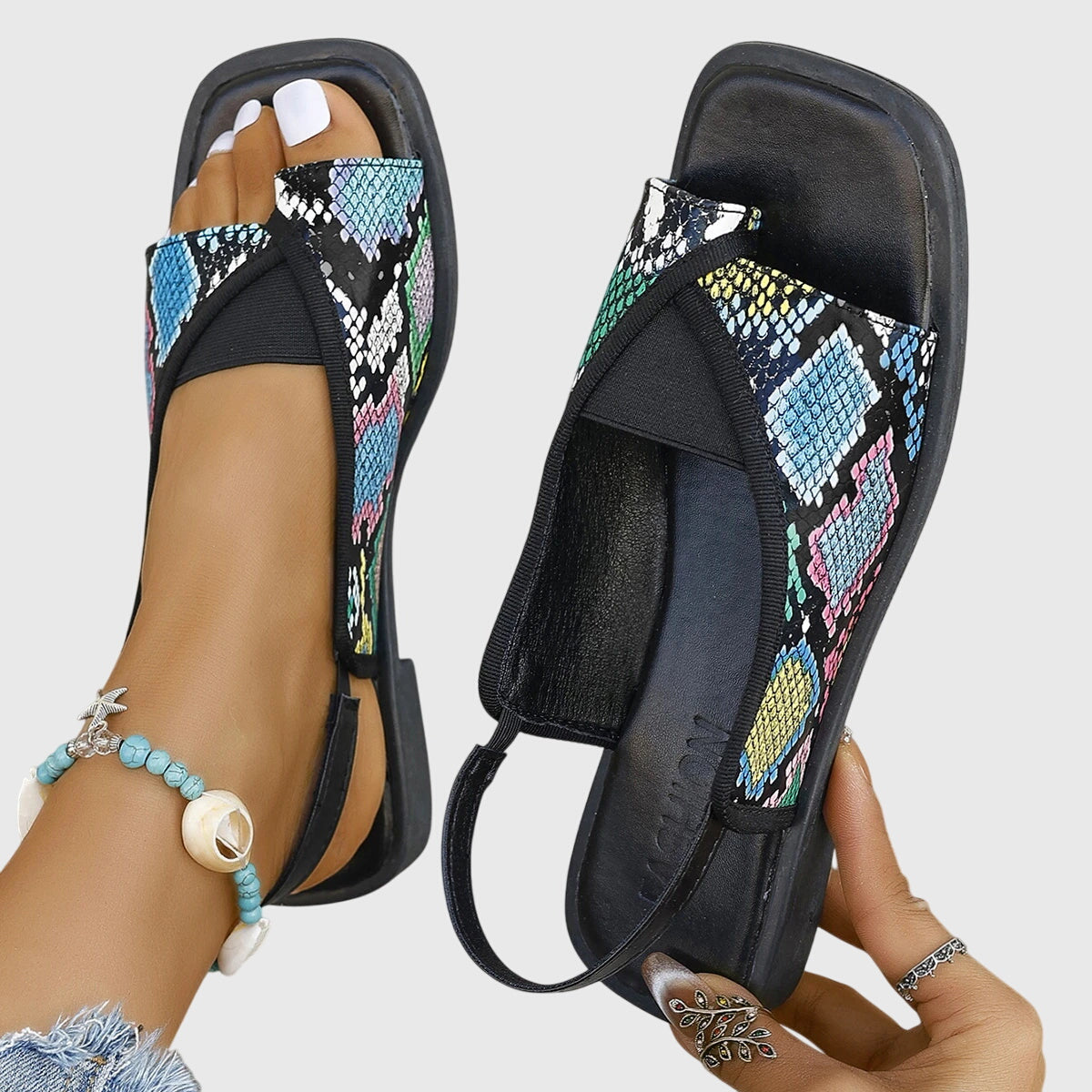 Women's Square Toe Colorblock Slip-On Flat Sandals – Zalumo