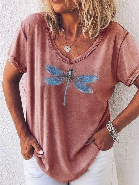 Women's Dragonfly Print V-Neck Short Sleeve Casual Tee – Zalumo