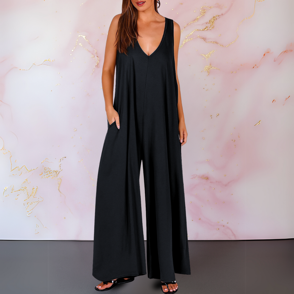 Women's V-Neck Sleeveless Wide Leg Jumpsuit with Pockets – Zalumo