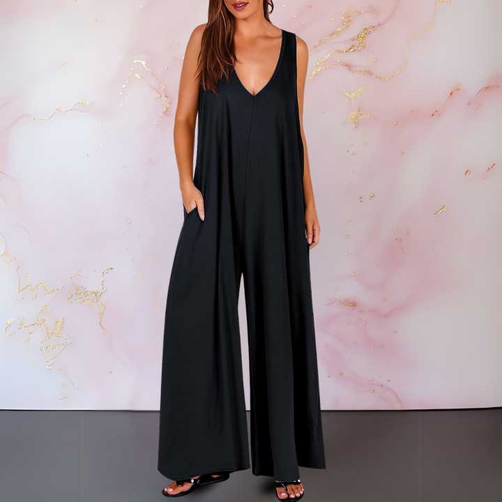 Women's V-Neck Sleeveless Wide Leg Jumpsuit with Pockets – Zalumo