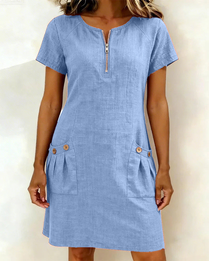 Women's Shift Dress Short Sleeve Zip Neck with Pockets – Zalumo