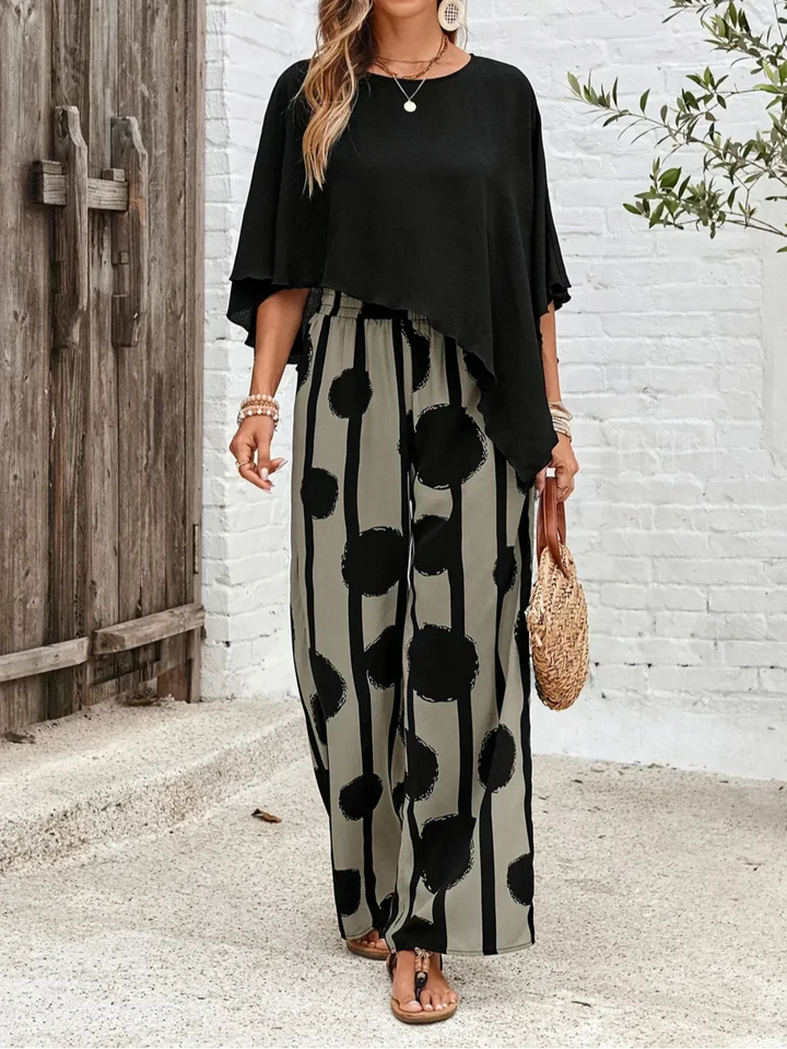 Women's 2 Piece Set Batwing Top and Wide Leg Print Pants – Zalumo