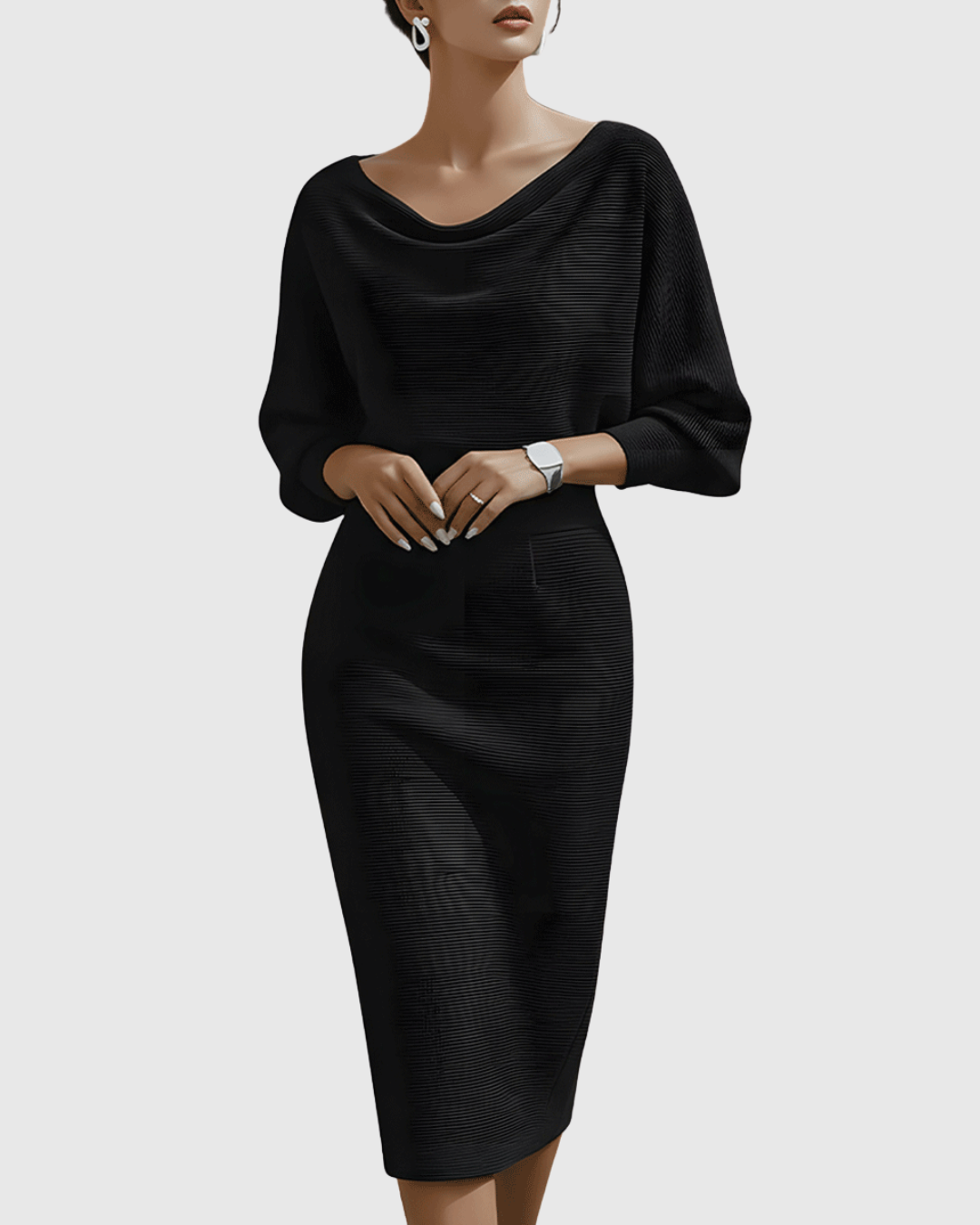 Women's Cowl Neck Batwing Sleeve Ribbed Midi Dress – Zalumo
