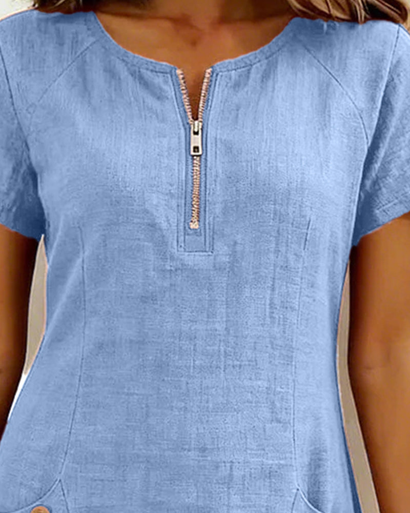 Women's Shift Dress Short Sleeve Zip Neck with Pockets – Zalumo