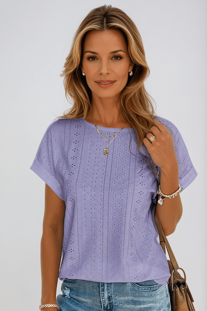 Women's Eyelet Embroidered Crew Neck Short Sleeve Top – Zalumo