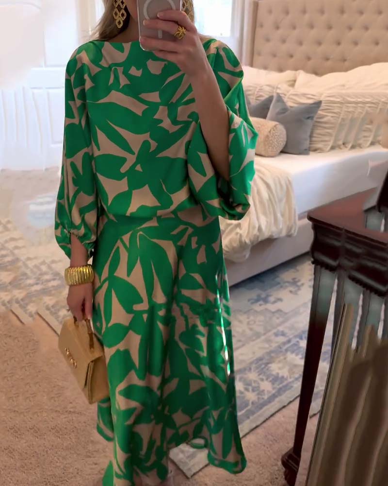 Two-Piece Printed Set with Lantern Sleeves – Zalumo