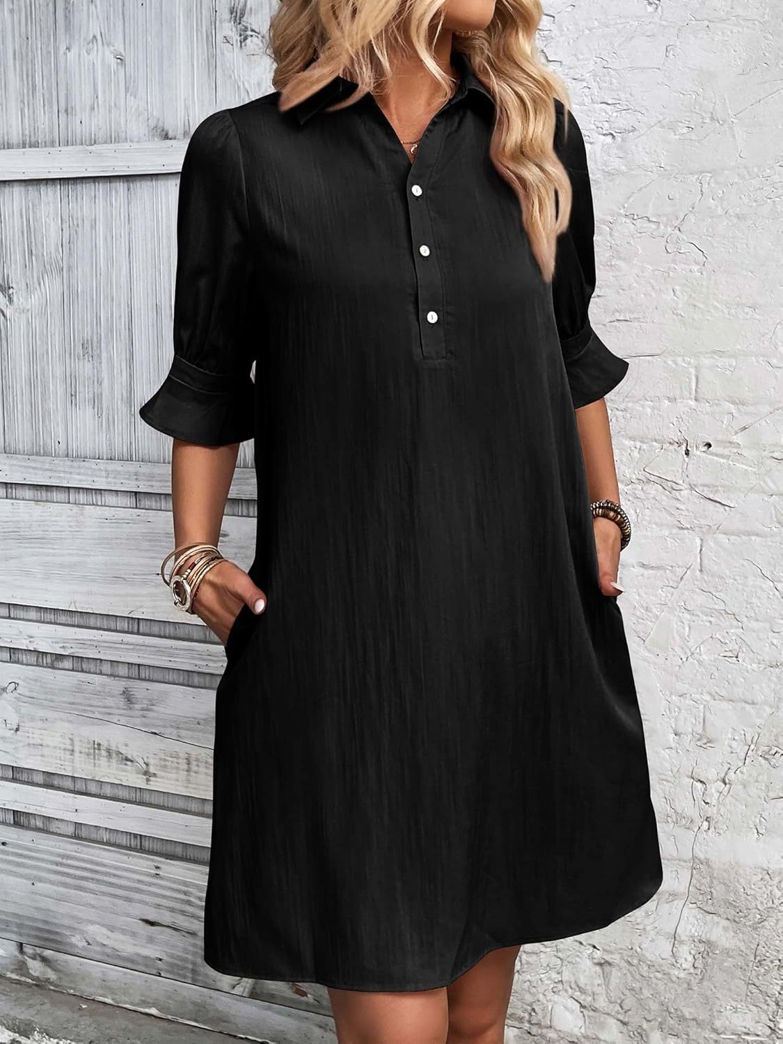 Women's Button-Down Shirt Dress 3/4 Sleeve Knee Length – Zalumo