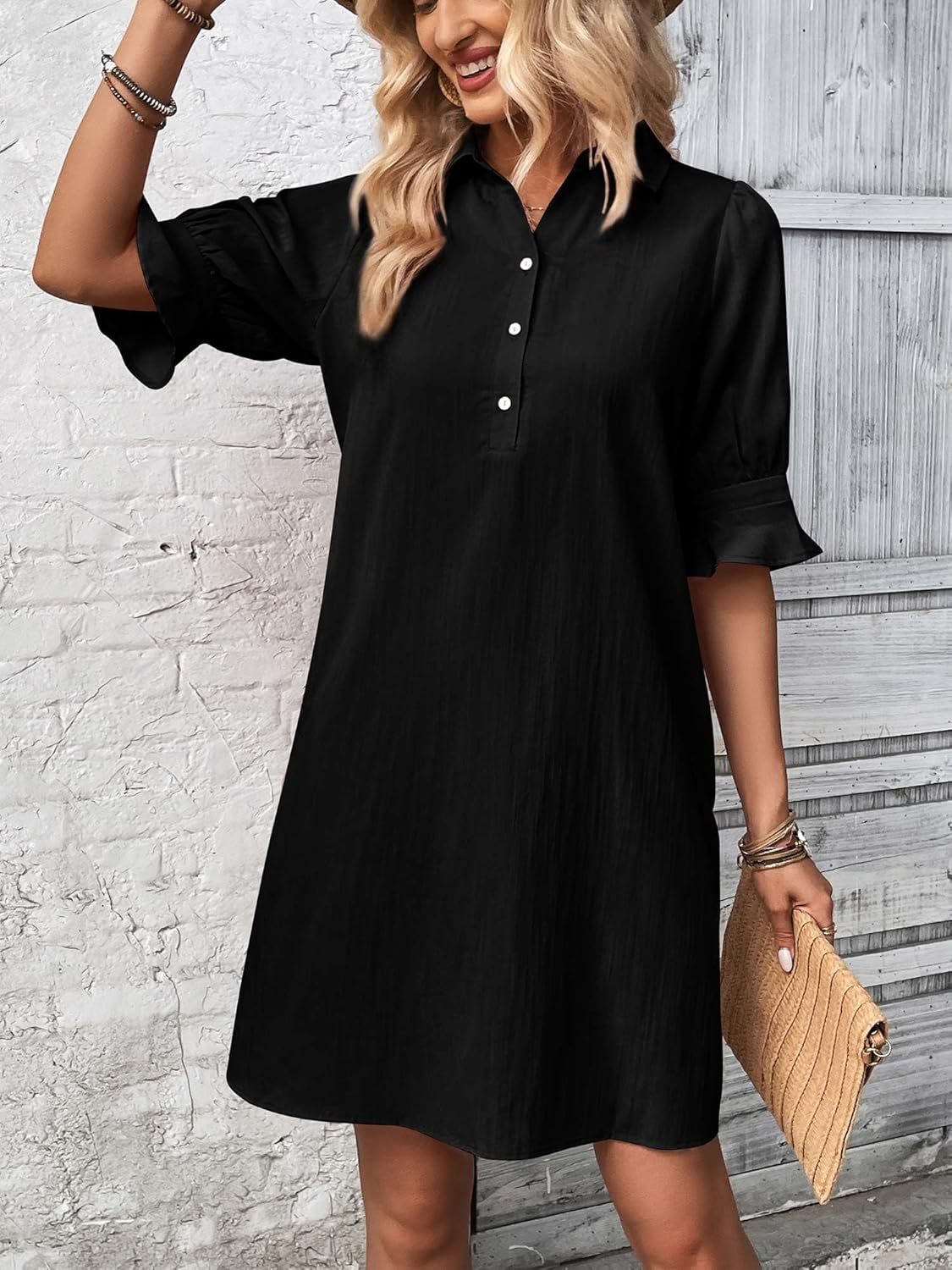 Women's Button-Down Shirt Dress 3/4 Sleeve Knee Length – Zalumo