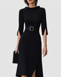 Women's Belted Mock Neck Midi Dress with Split Sleeves – Zalumo