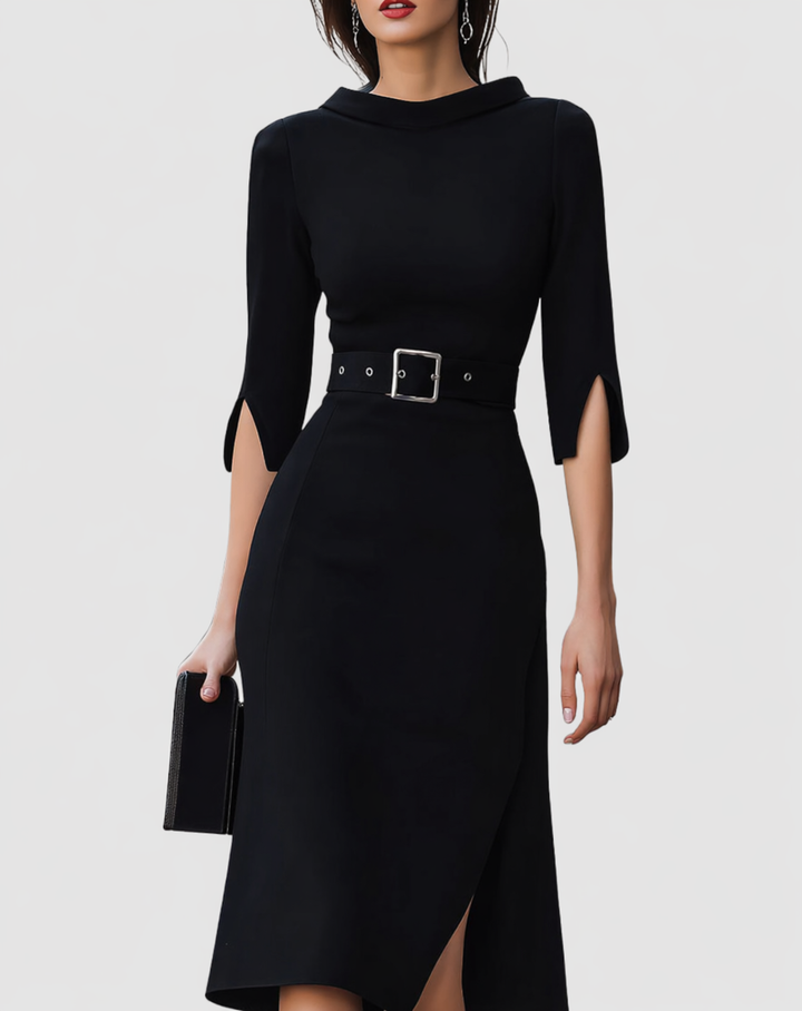 Women's Belted Mock Neck Midi Dress with Split Sleeves – Zalumo