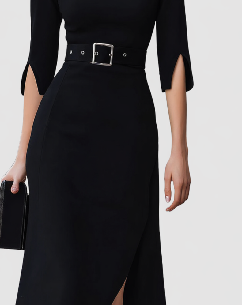 Women's Belted Mock Neck Midi Dress with Split Sleeves – Zalumo
