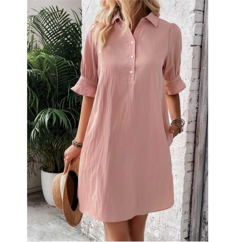 Women's Button-Down Shirt Dress 3/4 Sleeve Knee Length – Zalumo