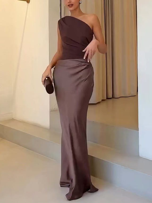Elegant One Shoulder Neck Pleated Party Maxi Dress – Zalumo