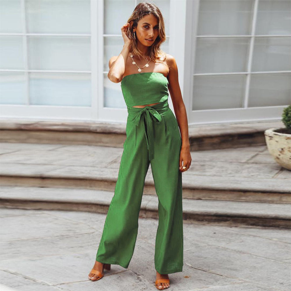 Women's Strapless Tie Waist Wide Leg Jumpsuit – Zalumo