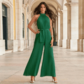 Women's Halter Neck Pleated Wide Leg Jumpsuit Belted – Zalumo