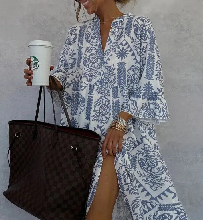 Women's Boho Print V-Neck 3/4 Sleeve Swing Dress – Zalumo