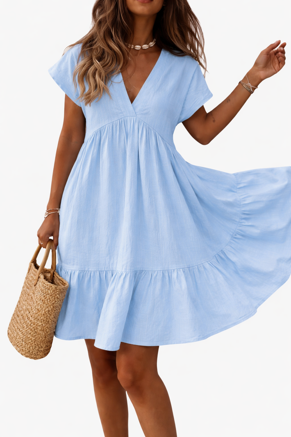 Women's V-Neck Tiered Midi Dress with Flutter Sleeves – Zalumo